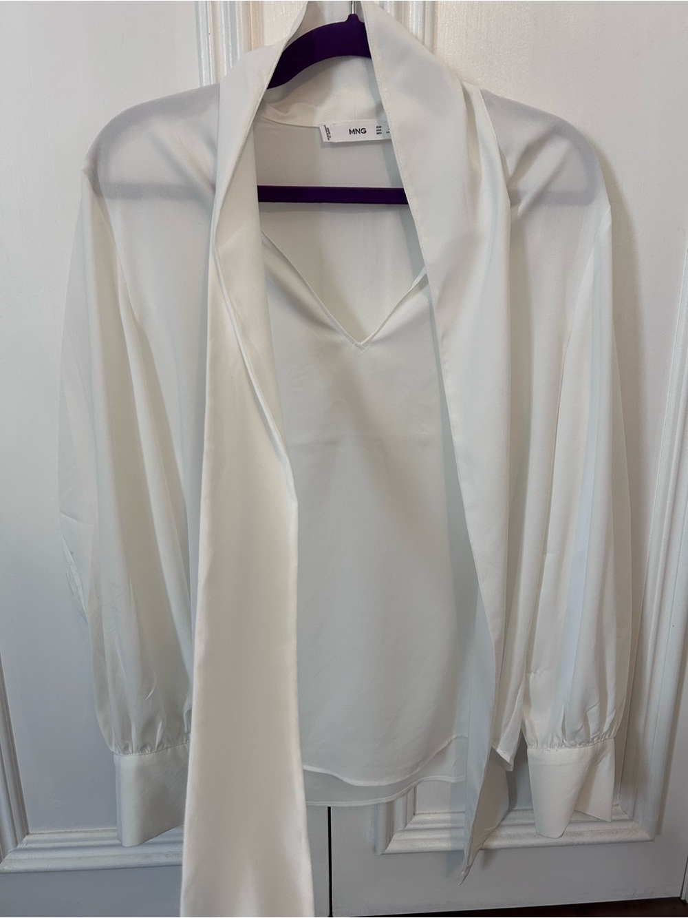 Mango Ivory Satin Tie-Neck Blouse